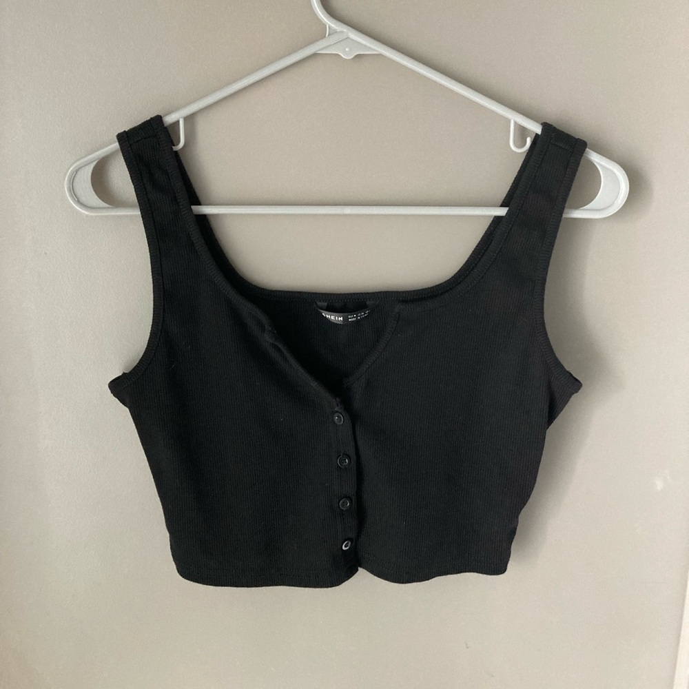 Black Ribbed Button-Front Crop Tank Top
